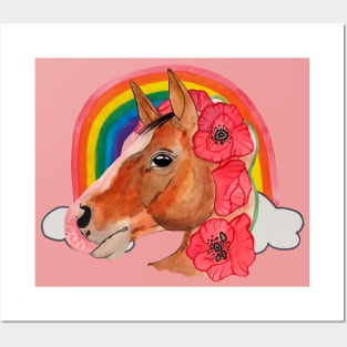 Horse with flowers in rainbow Posters and Art